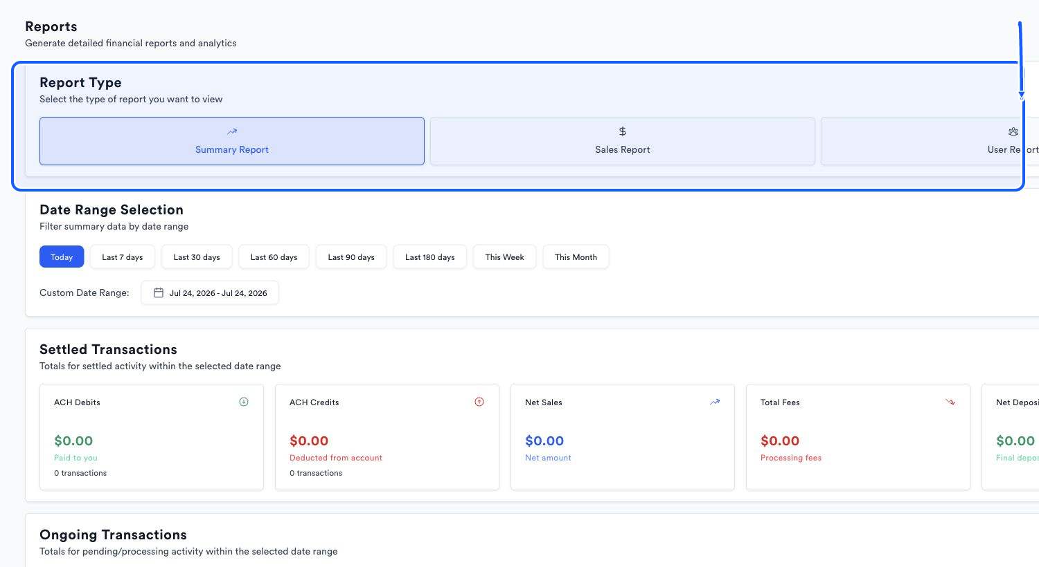Quickvee Pay screen showing how to confirm the report type