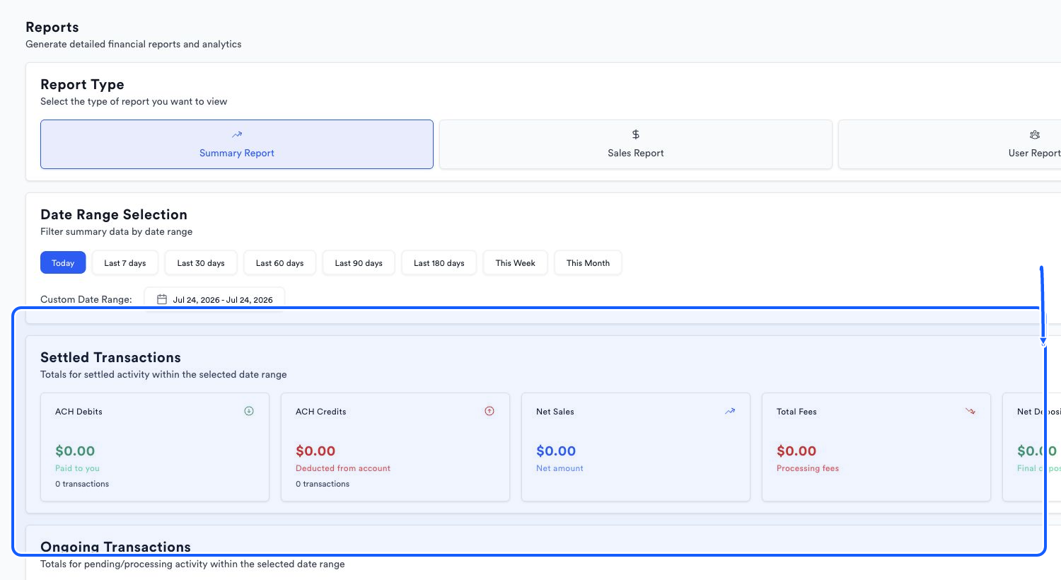 Quickvee Pay screen showing how to use summary report for financial totals