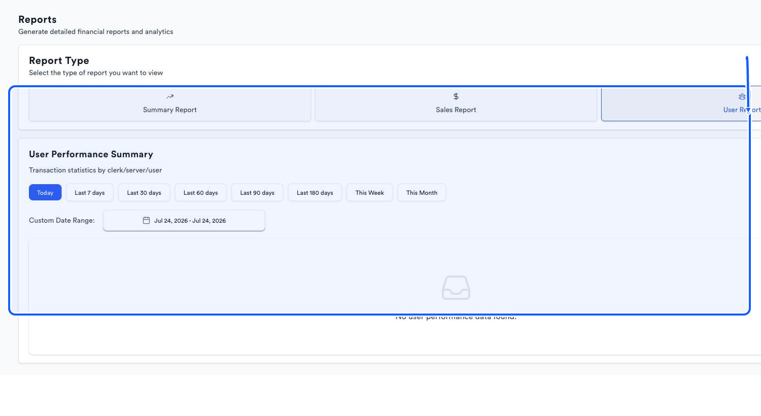 Quickvee Pay screen showing how to use user report for team statistics