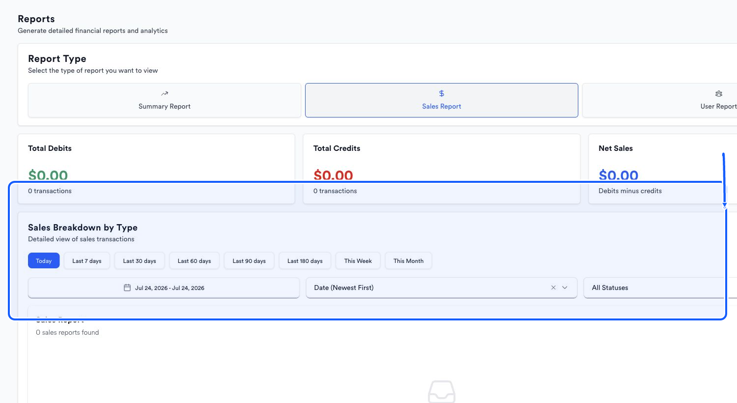Sales Report with quick dates, custom date range, date sort, and status filters